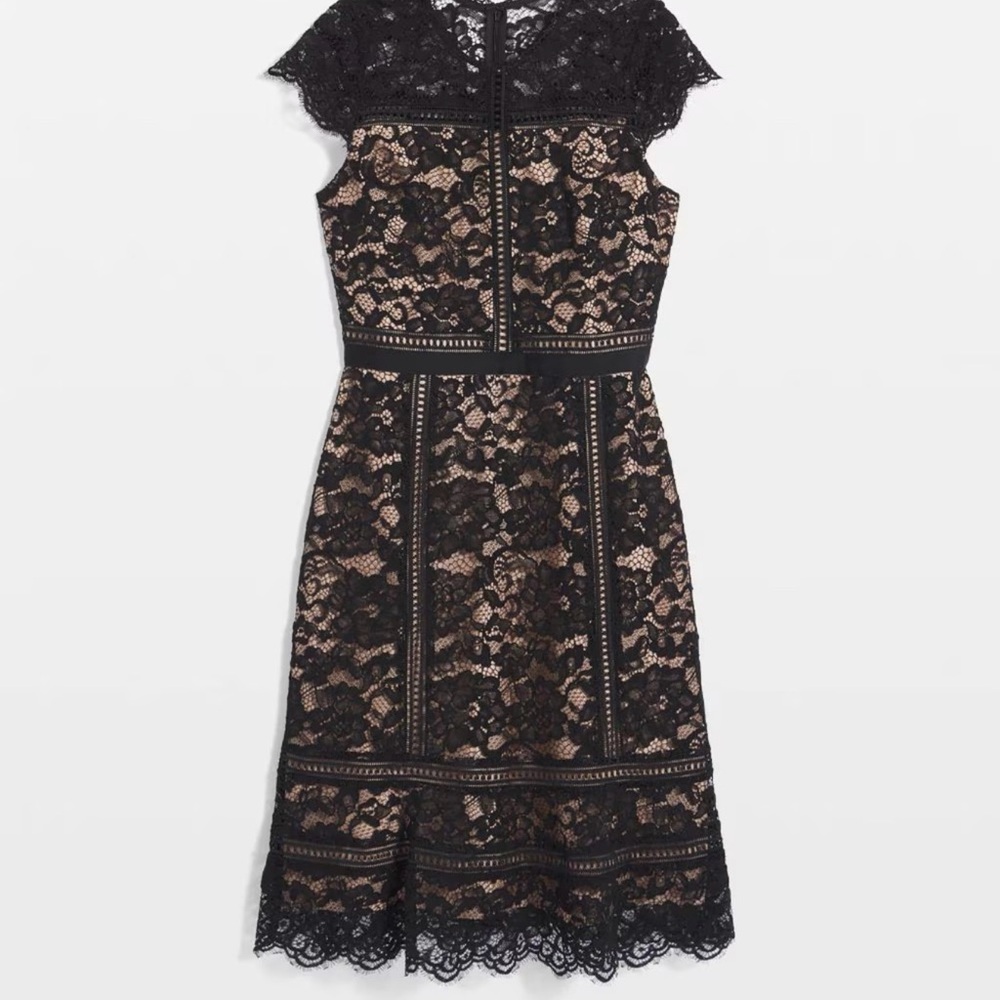 NWT Black Lace Sheath Dress with Nude Lining